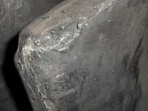 Eroded leading edge of fibreglass fan blade Eroded leading edge of fibreglass fan blade